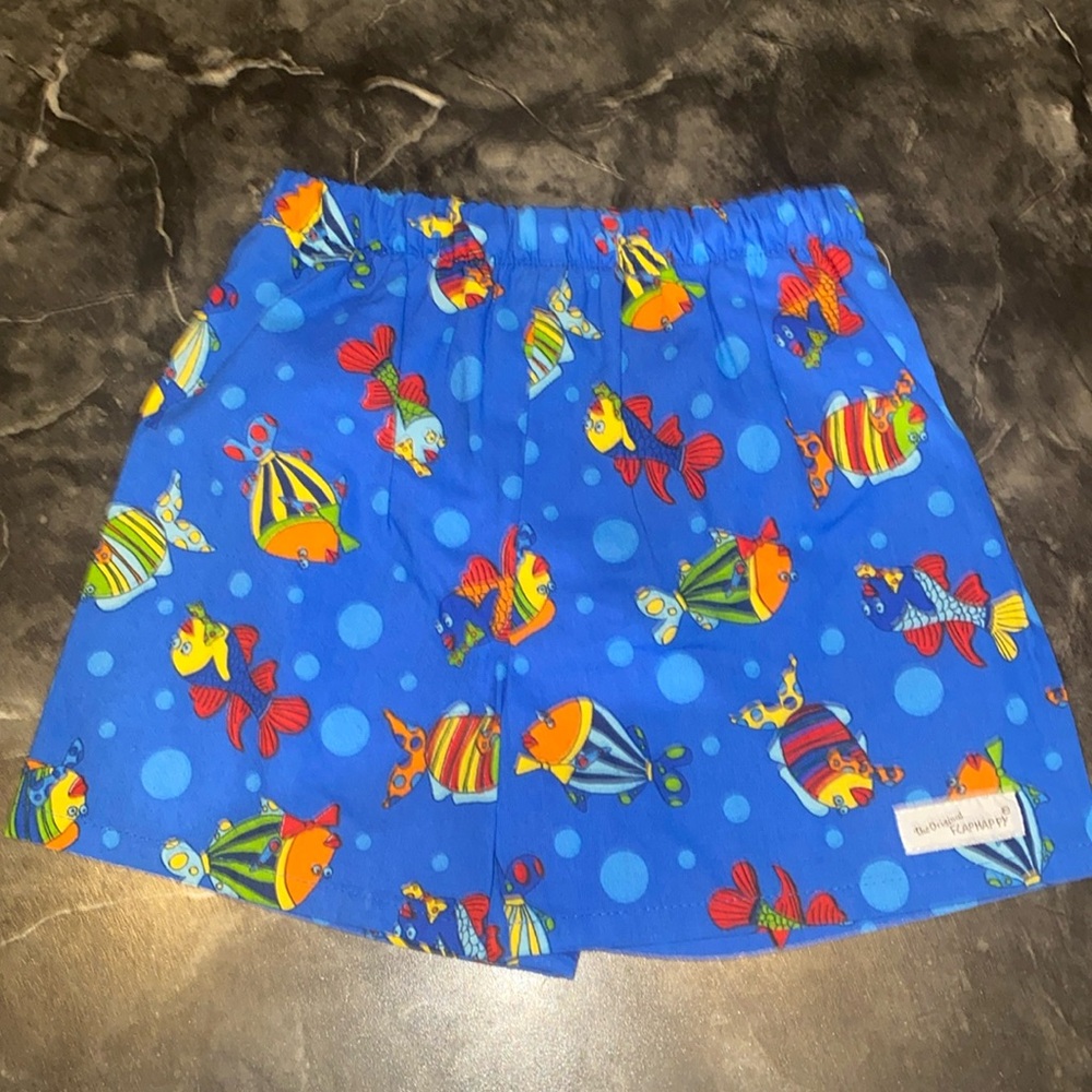 Flap Happy Bright Blue Boys Swim Trunks with Colorful Fish Print